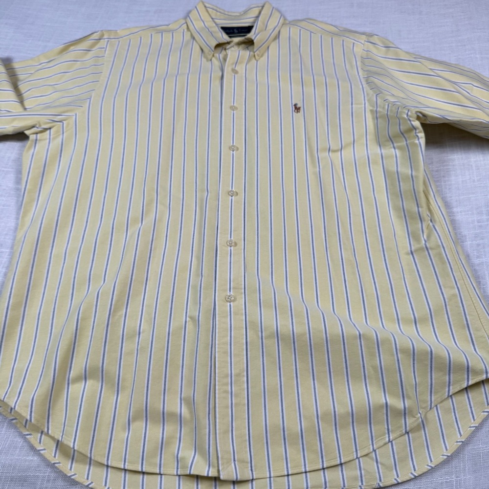 Ralph Lauren Button Shirt 17 34/35 Yellow Stripe Classic Fit Oxford Flesh Pony - Picture 9 of 16